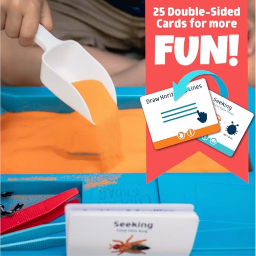 Chuckle & Roar 2-in-1 Seek & Write Sensory Bin – Montessori Tactile Learning Activity Set with Sand Writing Lid, 50 Activities, Tools & Storage Bin for Kids Ages 3-6+
