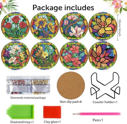 8 Pcs Diamond Art Coasters Kit for Adult with Holder, Diamond Coaster 4x4in - color: Flowers Coasters-E, size: 8 Pcs 4x4in