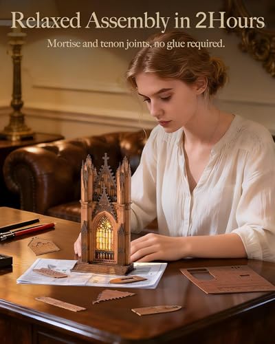 Rolife 3D Wooden Puzzle - Gothic Twin-Tower Cathedral Architecture Model with LED Lights, DIY Craft Building Kit for Adults, Unique Home Decor & Birthday for Hobbyists - style: Gothic Twin-Tower Cathedral