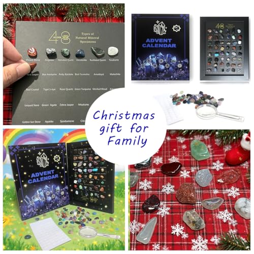 Men & Adults Crystal Advent Calendar With Wood Collection Frame 2025, 24 Days Gemstones & Minerals Countdown Advent Calendar Xmas Natural Rocks Gem Stones Theme