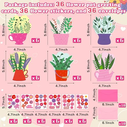 36 Set Valentines Day DIY Craft for Kids - Flower Card Making Kit with Greeting Cards Stickers Envelopes Set Gifts for Classroom School Activities - style: valentines