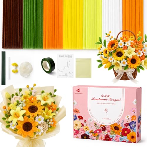 HHSarioneiro 550 Pcs Pipe Cleaner Flower Kit, Complete DIY Flower Bouquet Making Kit, 7 Beautiful Colors, 15 Flower Designs with Step-by-Step Video Tutorials, for Teen Girls and Craft Lovers - color: Yellow