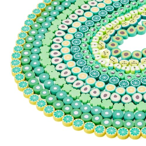 Elecrelive 11 Strands Green Fruit Clay Beads Mixed Avocado Lemon Apple Kiwi Slice Charms Flower Polymer Clay Spacer Beads for Necklace Bracelets Earrings Key Chains Making - color: Lime Green