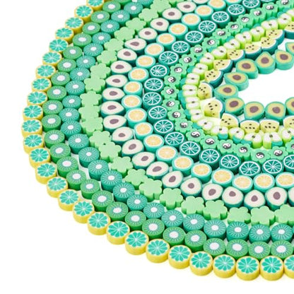 Elecrelive 11 Strands Green Fruit Clay Beads Mixed Avocado Lemon Apple Kiwi Slice Charms Flower Polymer Clay Spacer Beads for Necklace Bracelets Earrings Key Chains Making - color: Lime Green
