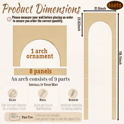 Arch MDF Wall Molding Kit 4 Sets Pre Cut 118 x 31.5 Inch Board and Batten Wall Panel Kit,MDF Paneling Kit Easy Install Paintable DIY Accent Decor for Bedroom Living Room Doors