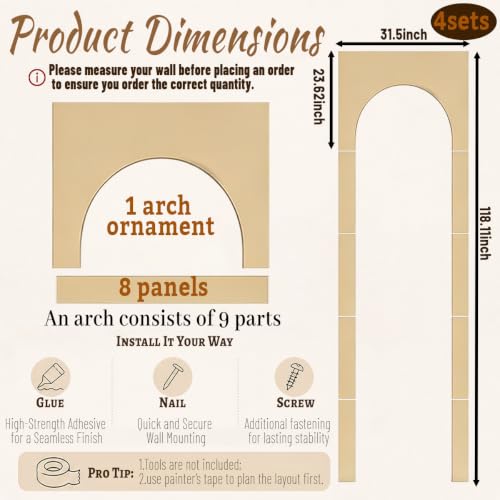 Arch MDF Wall Molding Kit 4 Sets Pre Cut 118 x 31.5 Inch Board and Batten Wall Panel Kit,MDF Paneling Kit Easy Install Paintable DIY Accent Decor for Bedroom Living Room Doors