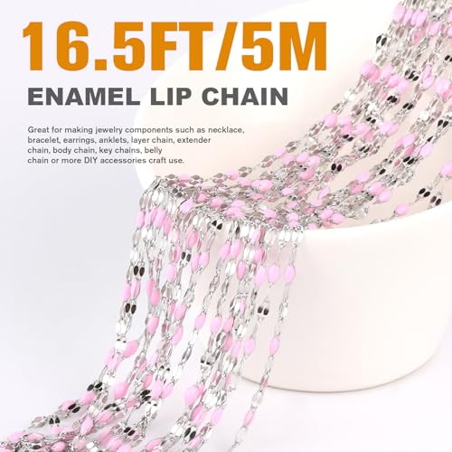 16.5FT Stainless Steel Enamel Chain 2MM Enamel Lip Chain for Jewelry Making - color: stainless steel(pink)
