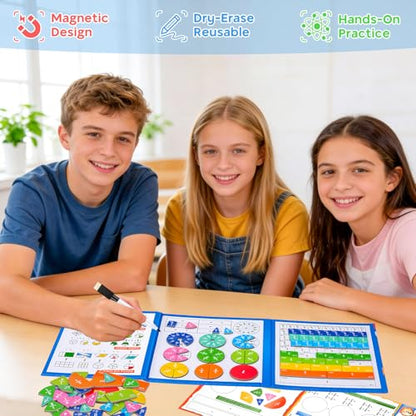 Meetory Magnetic Fraction Playbook - Magnetic Fraction Demonstration Book, Montessori Math Manipulatives Kit, Homeschool Classroom Fraction Puzzles and Games - color: Three-fold Pterosaur + Cards