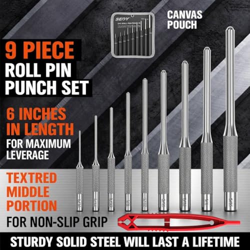 9-Piece Roll Pin Punch Set - Fast Pin Removal - Durable Steel & Construction - For Automotive, Firearm Maintenance, Watch, Jewelry & Craft Repair - Knurled Grip - Versatile Sizes