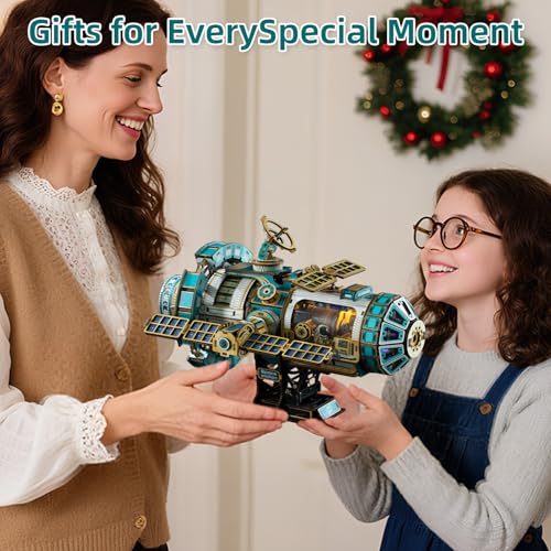 3D Wooden Puzzles International Space Station Model - Collectible Display Model with Interlocking Design, Motorized Solar Panels, Radar & Thrusters, LED Light Effects(Celestigon Station) - style: International Space Station