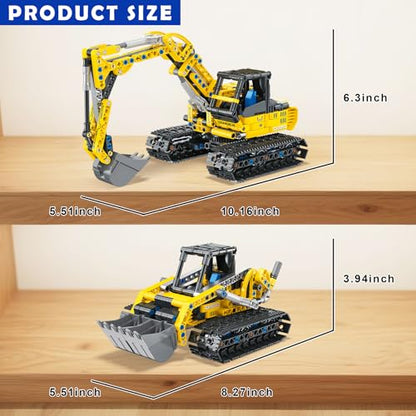 2-in-1 Excavator & Bulldozer Building Kit - 399 Pieces STEM Educational Construction Toys for Kids, Creative Birthday Gift Idea - color: Yellow