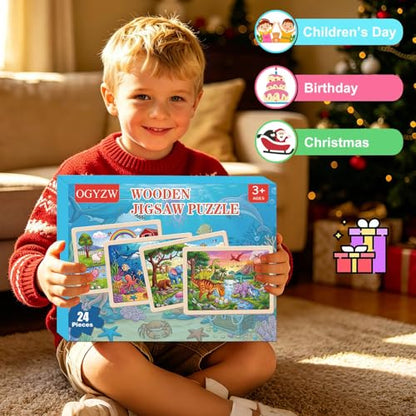 Puzzles for Kids Ages 4-6, 4 x 24 PCs Animals Wooden Puzzles - color: Dinosaur+forest+marine+farm