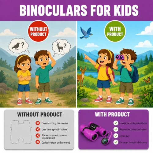 Binoculars for Kids – Perfect Toy for Little Boys and Girls – Extensive Set Incl. Magnifying Glass & Compass – Powerful Magnification 8X21 – 3 to 12 Year Old Kids for Toddler - color: Purple