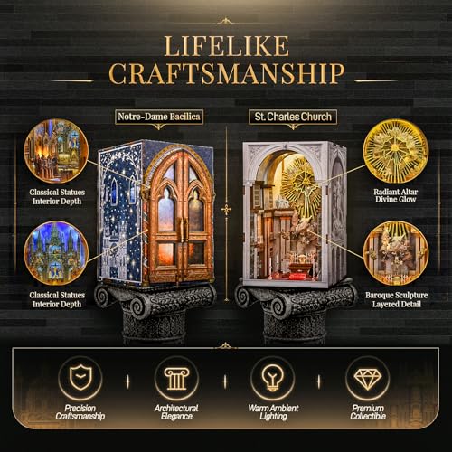 MiniCity 2-Piece Book Nook Kit Set, Miniature Dollhouse Kit for Beginner - color: Notre-dame Bacilica & St. Charles Church