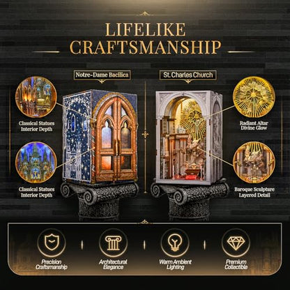 MiniCity 2-Piece Book Nook Kit Set, Miniature Dollhouse Kit for Beginner - color: Notre-dame Bacilica & St. Charles Church