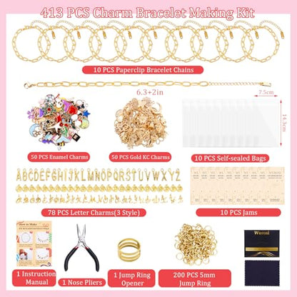 Wurosi 413Pcs Gold Charm Paperclip Charm Bracelet Making Kit for Beginner - color: 413 Pcs Gold Bracelet