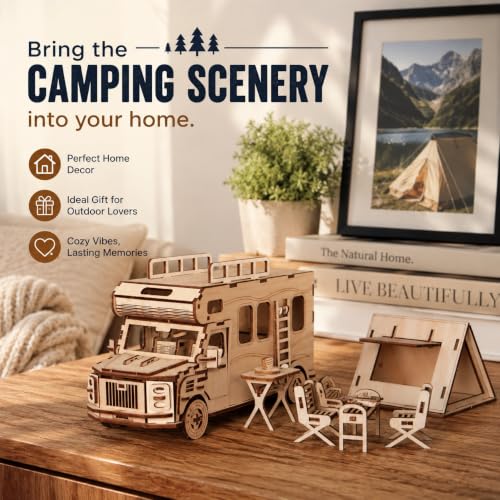 3D Wooden Puzzle for Adults Teens,DIY Camper Van Model Building Kit,Camping RV Set Model Puzzles,Stress Relief Craft,Ideal Christmas Birthday Gift for Family Activity or Home Decor