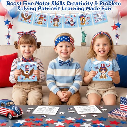 Fennoral 24 Pack DIY Coloring 4th of July Jigsaw Puzzle Craft Kit for Kids - color: 4th of July Animals