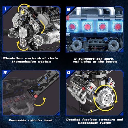 V8 Engine Model Kit that Works with LED Light & APP Control, 8-Cylinder Visible Engine Building Blocks Set, Build Your Own STEM Engineering Kit that Runs, Collection Set for Adults & Kids (715 PCS) - color: Black