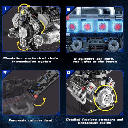 V8 Engine Model Kit that Works with LED Light & APP Control, 8-Cylinder Visible Engine Building Blocks Set, Build Your Own STEM Engineering Kit that Runs, Collection Set for Adults & Kids (715 PCS) - color: Black