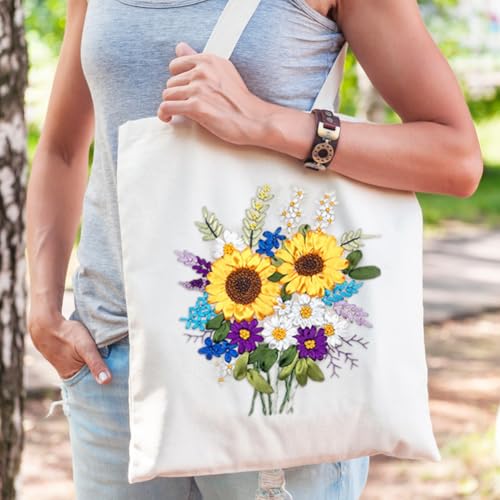 Canvas Tote Bag Silk Ribbon Embroidery Kit for Beginners Arts DIY Crafts Starter Kit Include Stamped Bag Threads Hoop - color: Color #2, Beige Bag