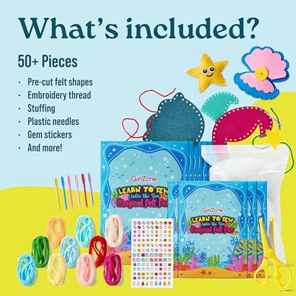 GirlZone Under the Sea Sewing Kit for Kids, Easy Embroidery & Felt Crafts, Make Adorable Sea Creatures with Pre-Punched Shapes & Patterns, Creative Sewing Kit for Kids Ages 3–14