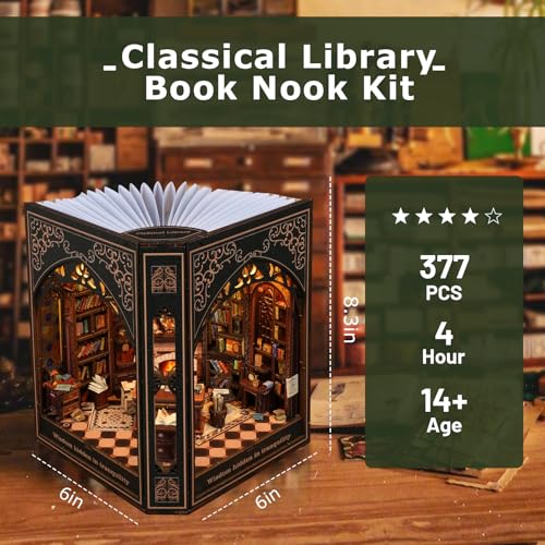 VORATHIS Library Book Nook Kit with LED | 3D Wooden Puzzle for Adults - style: Classical Library
