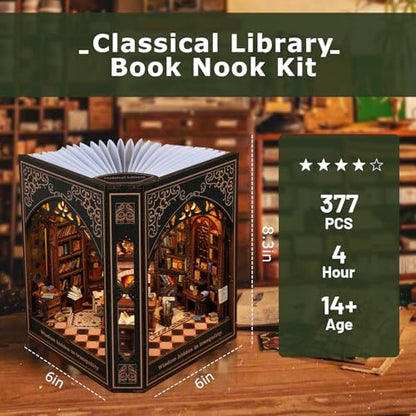 VORATHIS Library Book Nook Kit with LED | 3D Wooden Puzzle for Adults - style: Classical Library