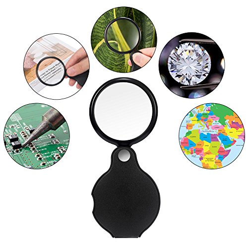 HESTYA 4 Pack 10X Mini Magnifying Glass Folding Pocket Magnifier Glass Loupe with Black Rotating Protective Holster for Reading Newspaper, Book, Magazine, Hobby, Jewelry