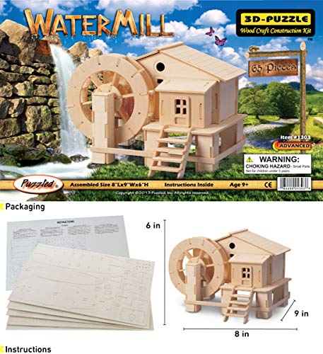 Puzzled Water Mill 3D Puzzle Woodcraft Jigsaw Construction Kit - 65 Pieces