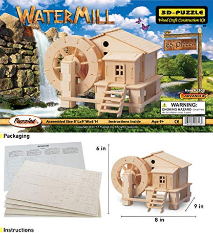 Puzzled Water Mill 3D Puzzle Woodcraft Jigsaw Construction Kit - 65 Pieces