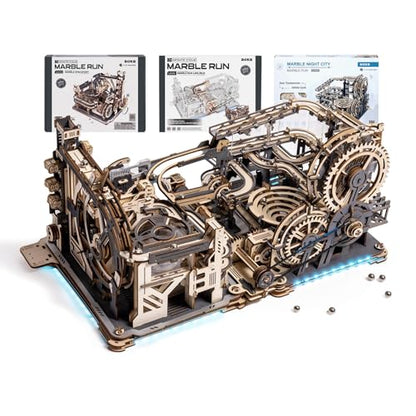 ROKR 3 in 1 Electric Wooden Marble Run, 3D Puzzles for Adults, Wood Model Building Toy Kits, Ideal Gift for Boys and Men