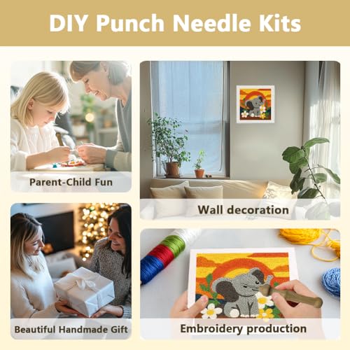 DOODLREAM Cartoon Elephant DIY Punch Needle Embroidery Kit for Adult Beginner, 9.4" Sunset Glow Animal Punch Stitching Craft Set for Starter with Frame,Fabric Pattern,Threader, Yarn, Pinch Needle - color: Elephant
