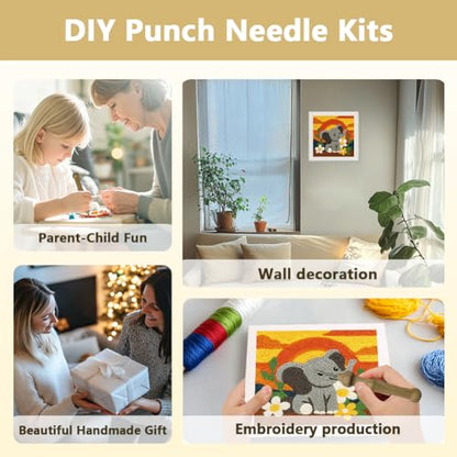 DOODLREAM Cartoon Elephant DIY Punch Needle Embroidery Kit for Adult Beginner, 9.4" Sunset Glow Animal Punch Stitching Craft Set for Starter with Frame,Fabric Pattern,Threader, Yarn, Pinch Needle - color: Elephant