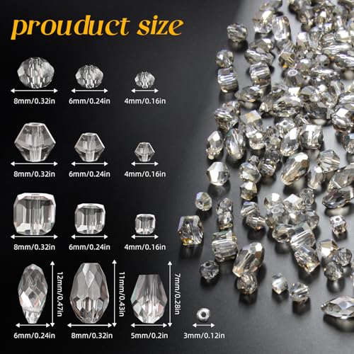 1500 Pcs Crystal Glass Beads for Jewelry Making – 12 Styles Bicone, Rondelle, Cube, Teardrop & 3mm Spacer Beads, DIY Bracelet Necklace Earring Craft Kit with Organizer Box(Grey) - color: Grey