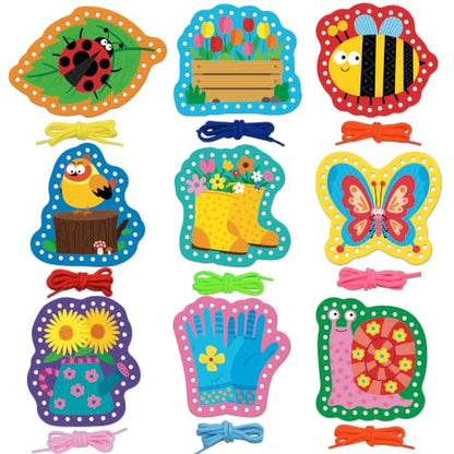 Kids Lacing Cards, 9 PCS Double-sided Garden-themed S Cards with 9 Laces - color: Garden-Themed