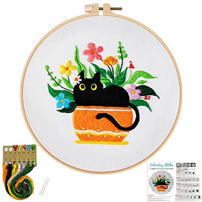Louise Maelys Black Cat Embroidery Kit for Beginners Botanical Craft - color: kit-4