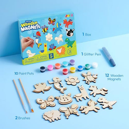 JOYIN 12 Wooden Magnet Creativity Arts & Crafts Painting Kit for Kids, Decorate Your Own Painting Gift for Easter Basket Stuffers, Birthday Parties and Family Crafts, Party Favors for Boys Girls - style: Animal