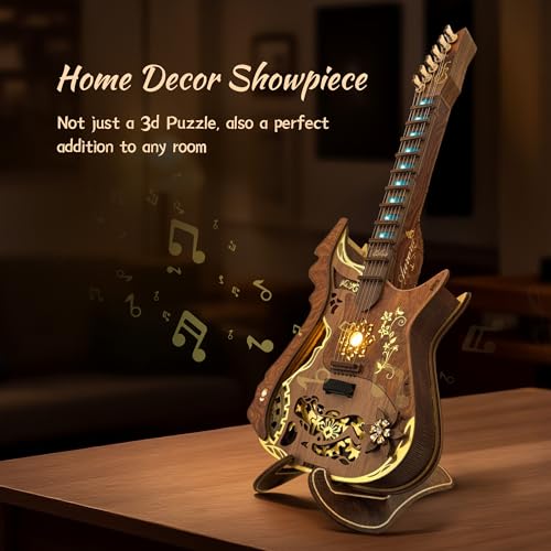 FUNPOLA LED 3D Wooden Puzzle Chords Guitar Kit, Acoustic Guitar Puzzle Model with LED Lights, DIY Mechanical Music Craft for Adults