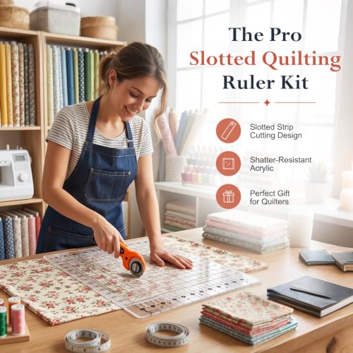 5-in-1 Quilting Ruler - 14.5" x 17.75" Slotted Quilting Ruler for Rotary Cutting, Precision Fabric Strip Guide & Quilting Square Ruler for Sewing Patchwork Quilts - size: 12-1/2in x 14-3/4in