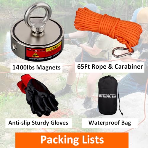 MUTUACTOR Neodymium Fishing Magnet,Φ2.95''Double Sided Combined 1400lbs Powerful Fishing Magnet Heavy Duty with 65Ft Salvage Rope,Durable Gloves,Waterproof Bag for Retrieving Tools Find Treasure - style: 1400lb Magnet(Double Sided)--Φ 2.95"