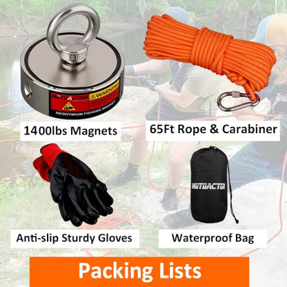 MUTUACTOR Neodymium Fishing Magnet,Φ2.95''Double Sided Combined 1400lbs Powerful Fishing Magnet Heavy Duty with 65Ft Salvage Rope,Durable Gloves,Waterproof Bag for Retrieving Tools Find Treasure - style: 1400lb Magnet(Double Sided)--Φ 2.95"