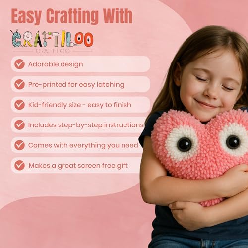 Latch Hook Kit for Kids - Googly Eyes Heart Rug Pillow Craft, Ages 6+ - style: Googly Heart Pillow