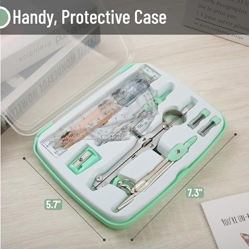 Mr. Pen- Geometry Set, 13 pcs, 3 Metal Compasses, Protractor, 6" Ruler | 45° & 30°/60° Set Squares, Pencils, Lead Refills, Sharpener & Eraser for Math, Drafting & Classroom Use - color: Mint Green