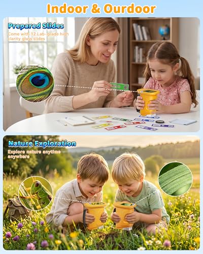 1000X Kids Handheld Microscope, 4K Digital Mini Pocket Digital Microscope with 2.4" IPS Screen, Built-in Camera & 12 Prepared Slides, STEM Educational Toy, Birthday Gift for Boys & Girls Ages 3–12 - color: Yellow