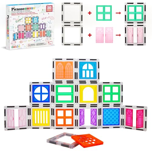 PicassoTiles Window and Door Clip On Magnetic Blocks Magnet Tiles Magnets Building Tile Construction Toy Set STEM Education Toys Learning Kit Stacking Block Playset Boys & Girls Age 3+ PT30 - color: 30 Pcs Window and Door