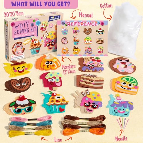 Toylink DIY Sewing Kit for Kids Ages 4-12, 12 Dessert Felt Craft Kit with Pre-Punched Holes, Blunt Plastic Needles, Cotton Stuffing - First Sewing Kit STEM Learning Toys for Girls Boys Birthday Gift - style: Dessert 2