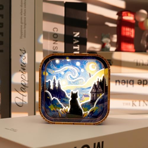 3D Wooden Puzzle Night Light DIY LED Art Lamp Kit for Adults Desk Decor Relaxing Craft Project Table Ornament and Unique Gift (Starry Cat) - style: Starry Cat