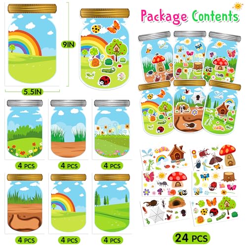 LINAYE 24 Sheets Insect Stickers with Jar Scenes, Make Your Own Bug Jar Stickers, Spring Crafts Activities for Kids Spring Party Decorations Supplies for Kids - style: Bugs Jar 24 Sheets