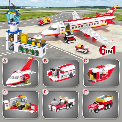 WINGIFT 880 Pcs City Airport Passenger Terminal Building Set, 6 in 1 Airplane Building Blocks Toy, STEM Aircraft Bricks with Shuttle Bus,Luggage Cart,Planes Model Toys Gifts for Boys Girls Ages 6-12+ - color: Red
